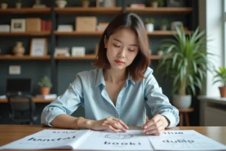 Jeune femme en bureau créant des esquisses de logos