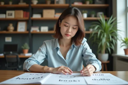 Jeune femme en bureau créant des esquisses de logos