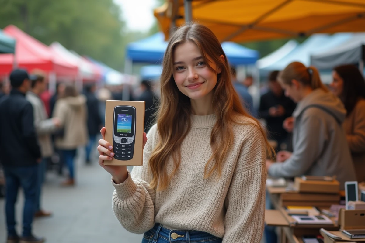 Jeune femme tient un téléphone Samsung E250 au marché aux puces