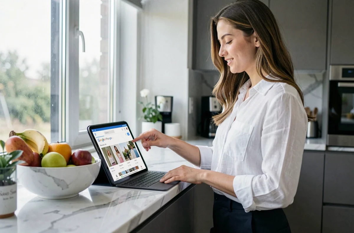Jeune femme consultant Google Photos sur tablette dans une cuisine moderne pour retrouver une photo par recherche texte