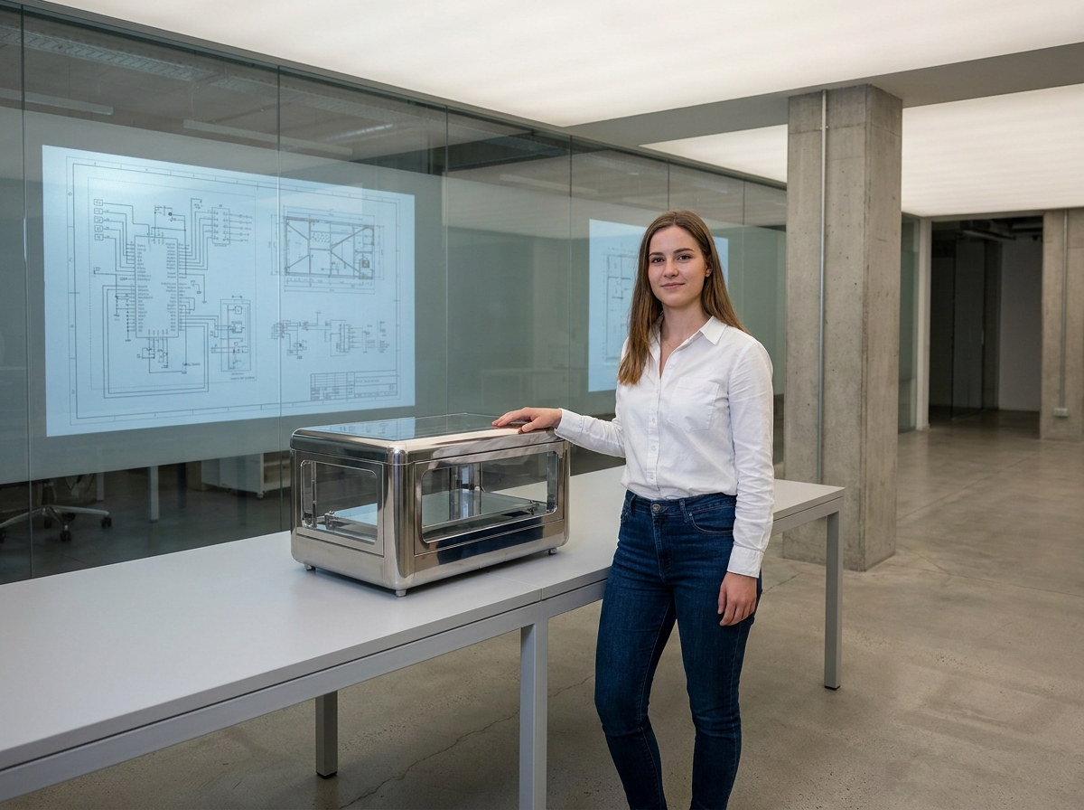 Jeune ingénieure avec prototype dans un laboratoire moderne