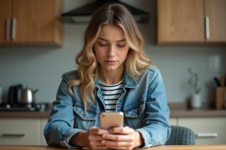 Jeune femme regardant une story Instagram sur son smartphone