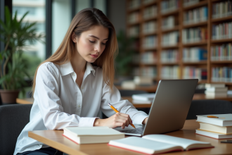 Jeune femme lisant des livres SEO dans une bibliothèque