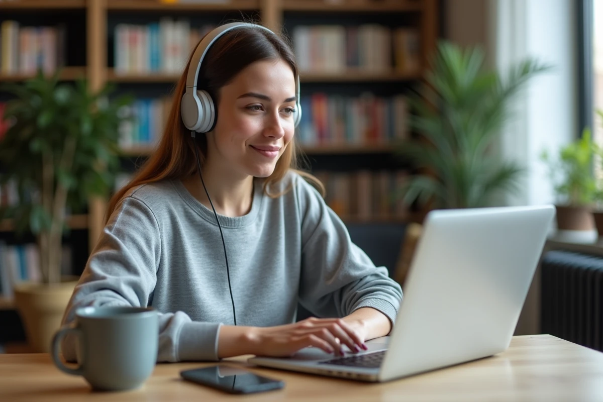 Jeune femme avec casque et ordinateur portable dans un intérieur cosy