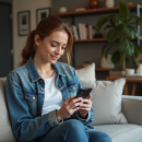 Jeune femme en denim parlant à son smartphone dans un salon