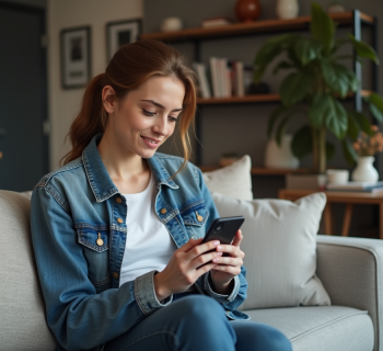 Jeune femme en denim parlant à son smartphone dans un salon