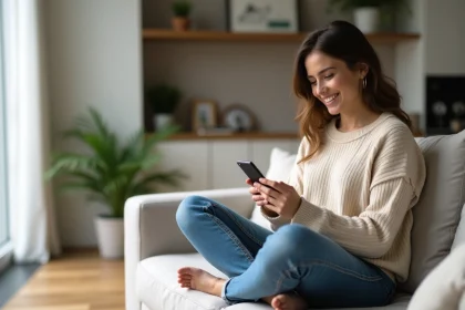 Jeune femme souriante avec smartphone dans un salon moderne