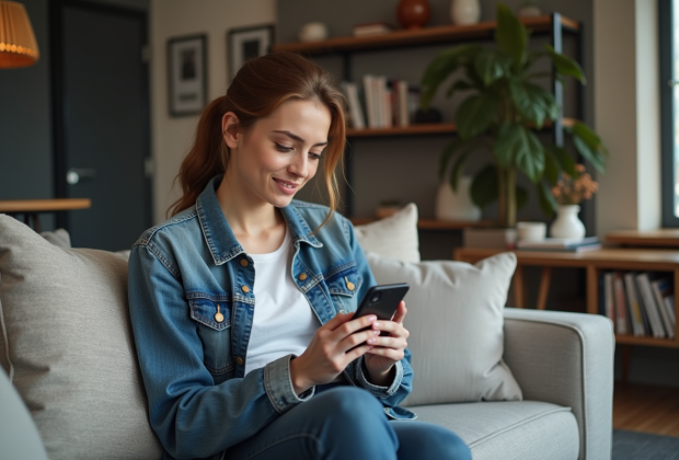 Jeune femme en denim parlant à son smartphone dans un salon