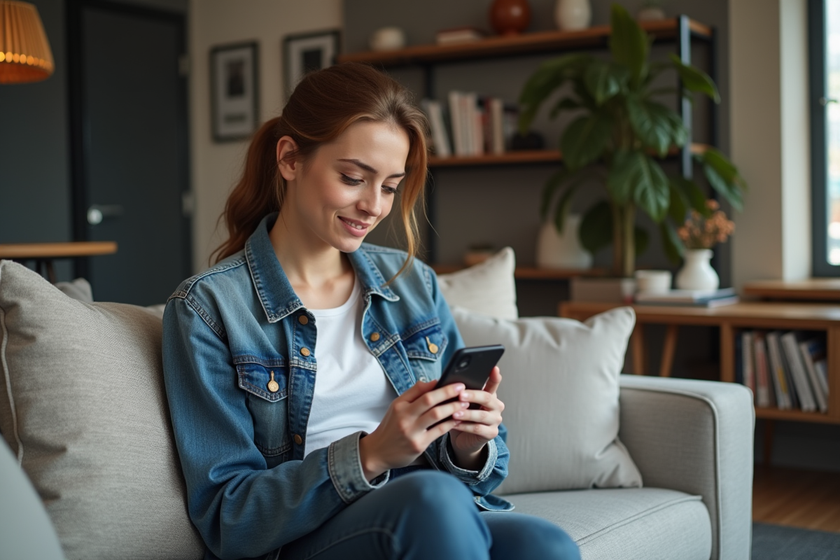 Jeune femme en denim parlant à son smartphone dans un salon
