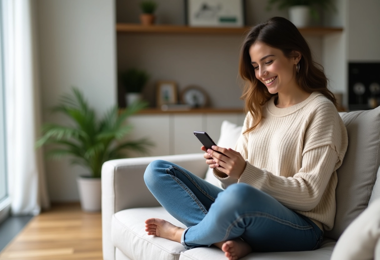 Jeune femme en denim parlant à son smartphone dans un salon