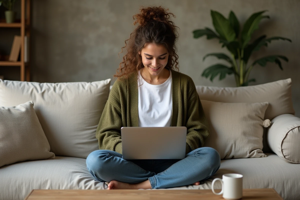 Jeune femme en télétravail tapant un email sur son ordinateur portable installée confortablement dans son salon avec une interface webmail ouverte