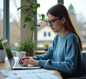 Jeune femme en sweater bleu travaillant sur un laptop à la maison