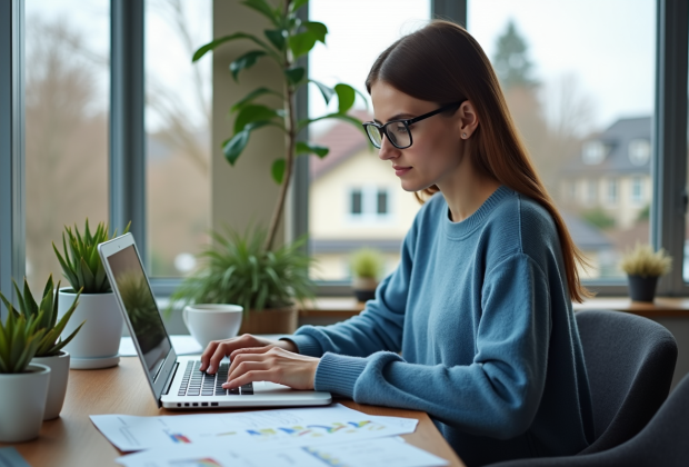 Jeune femme en sweater bleu travaillant sur un laptop à la maison