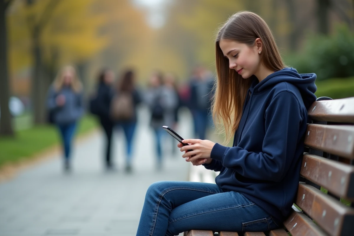 Jeune fille en hoodie bleu assise sur un banc de parc