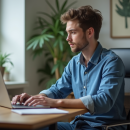 Jeune homme concentré travaillant sur son ordinateur à domicile