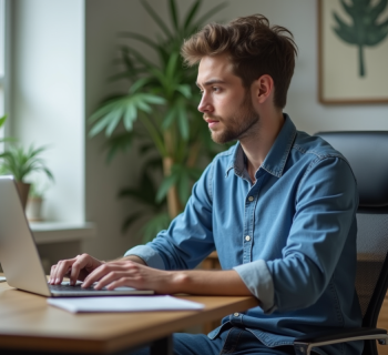 Jeune homme concentré travaillant sur son ordinateur à domicile