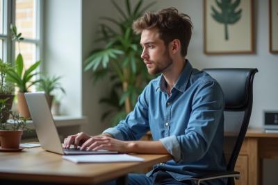 Jeune homme concentré travaillant sur son ordinateur à domicile