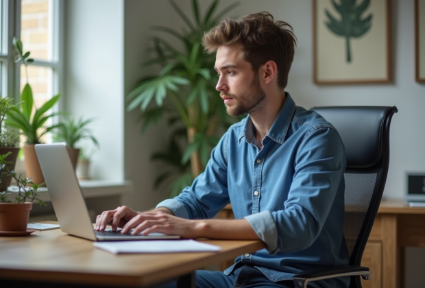 Jeune homme concentré travaillant sur son ordinateur à domicile