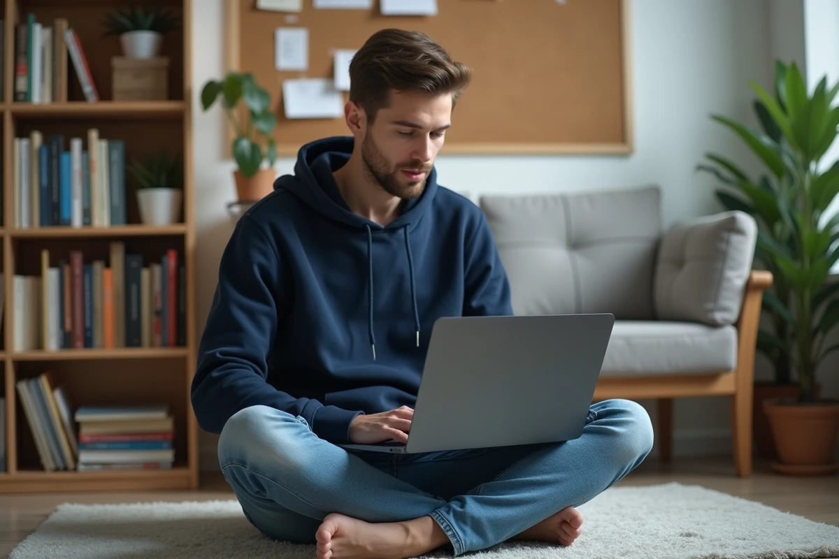 Jeune homme utilisant un ordinateur portable dans un bureau moderne à la maison