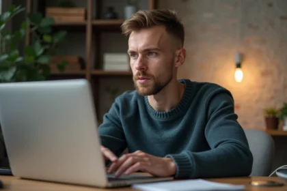 Jeune homme au bureau travaillant sur un ordinateur portable