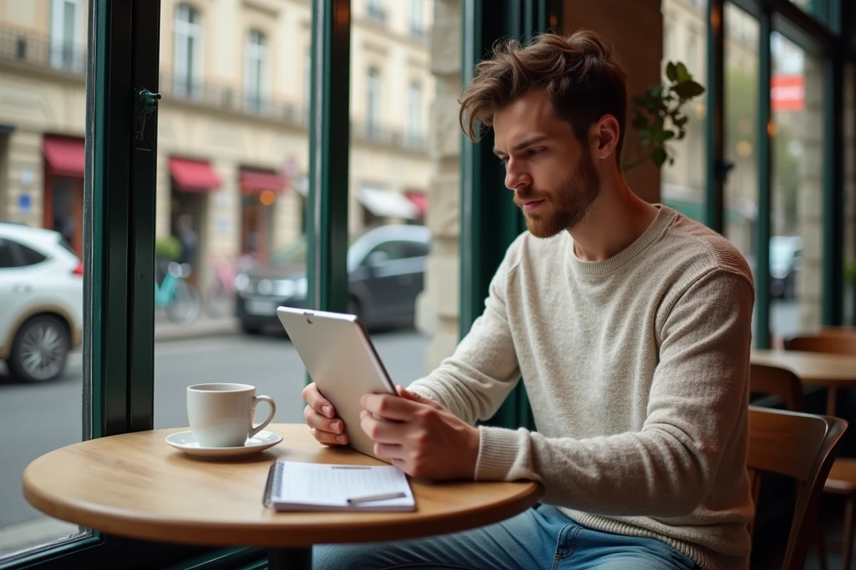Jeune homme utilisant une tablette dans un café bordelais