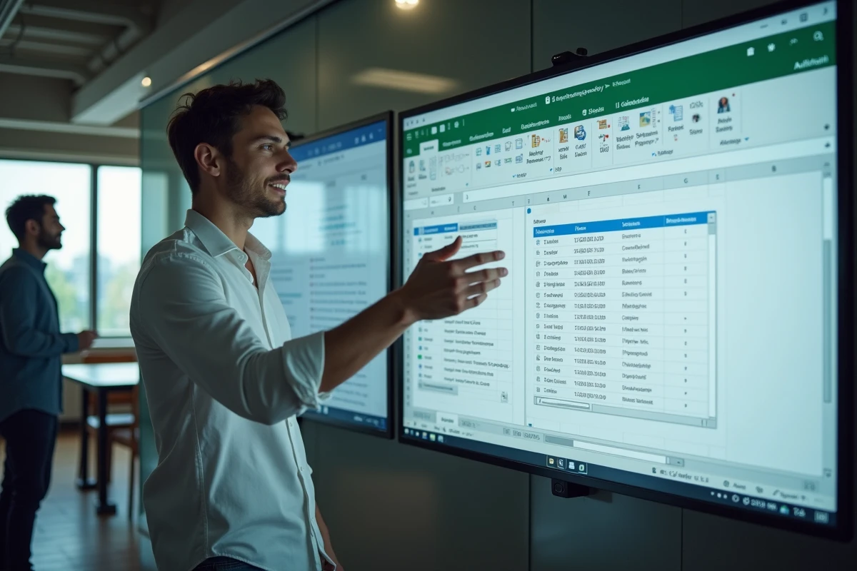 Jeune homme expliquant un graphique sur un moniteur en coworking