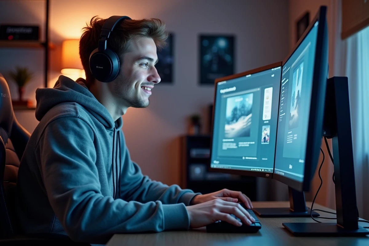 Jeune homme en hoodie et casque sur un bureau gaming