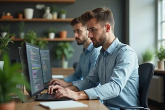 Jeune homme informaticien travaillant sur un ordinateur dans un bureau moderne