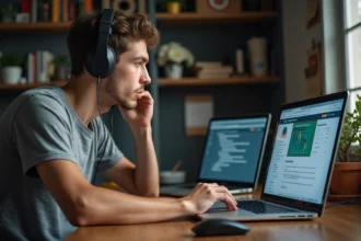 Jeune homme frustré avec ordinateur et casque