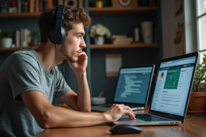 Jeune homme frustré avec ordinateur et casque