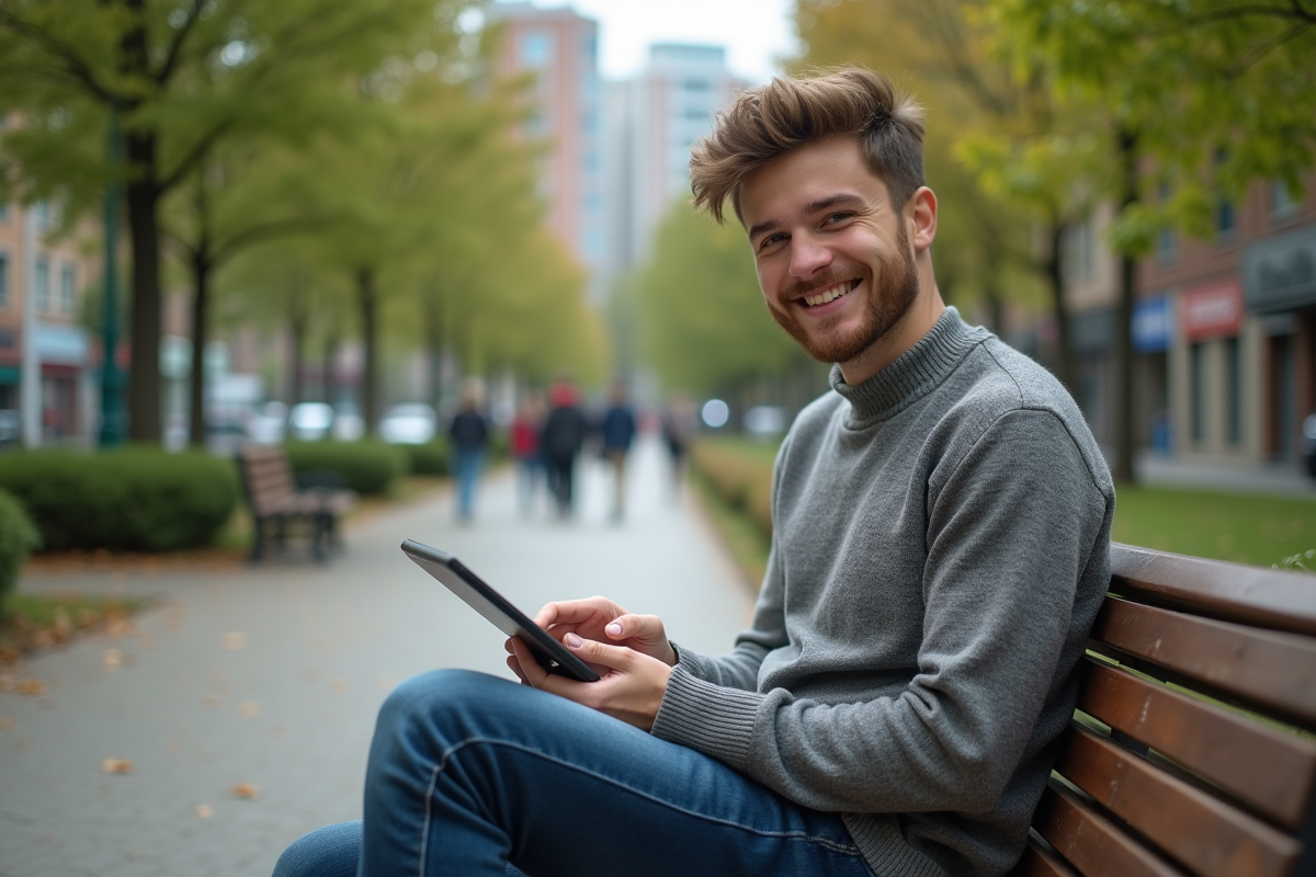 Jeune homme utilisant une tablette dans un parc urbain