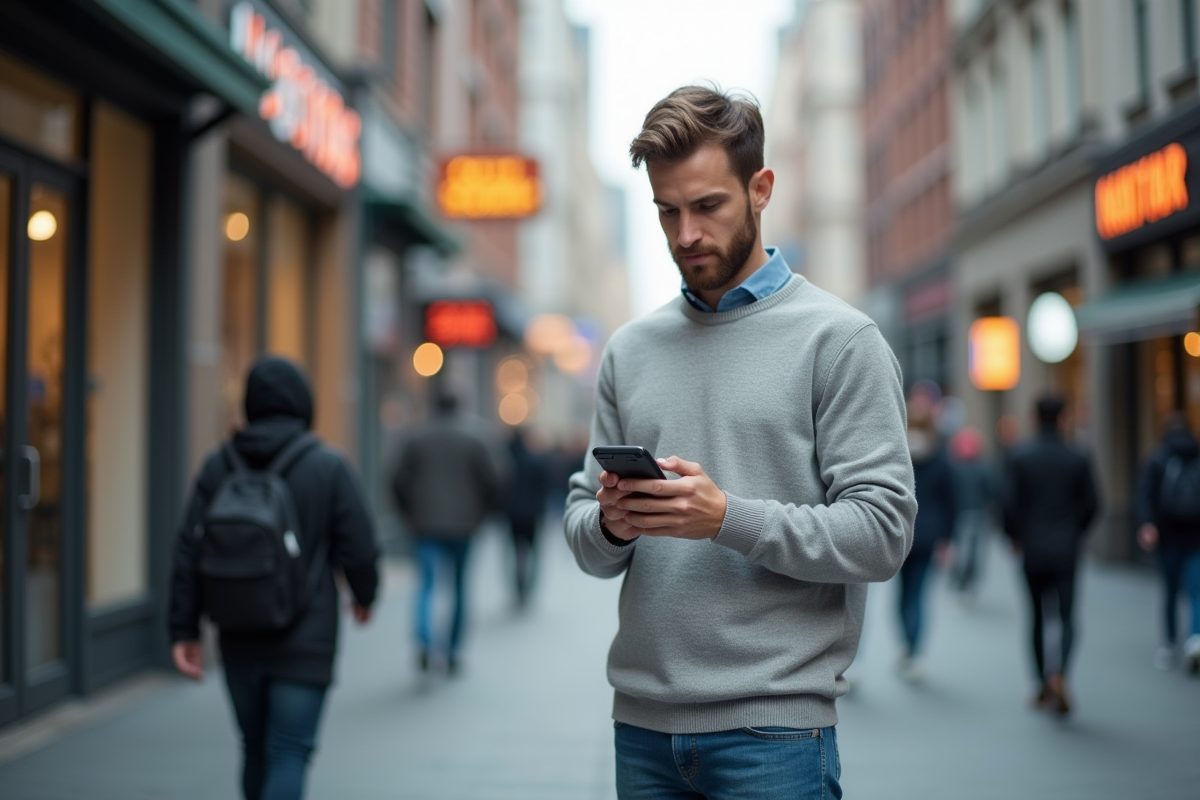 Jeune homme vérifiant scores de reputation sur smartphone en ville