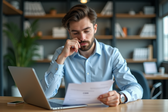 Jeune homme professionnel compare deux documents au bureau