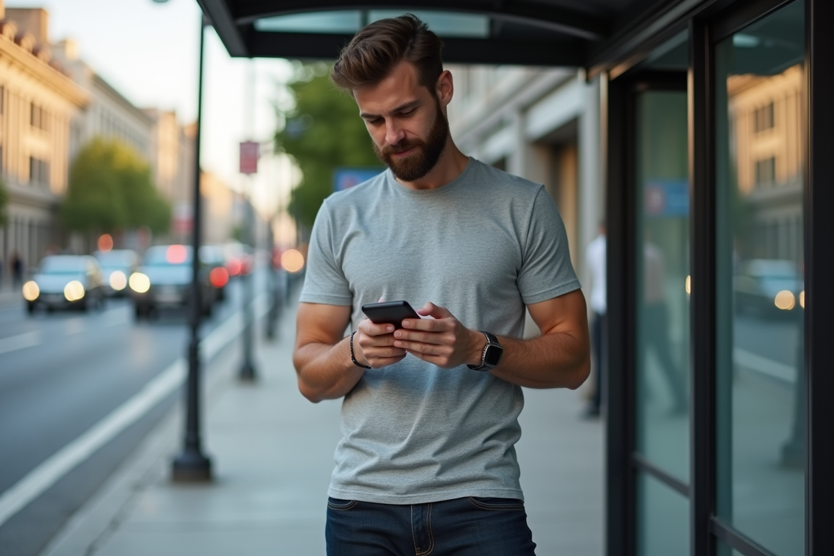 Jeune homme cherchant sur son smartphone à un arrêt de bus