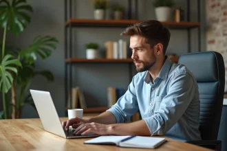 Jeune homme concentré analysant des backlinks dans son bureau