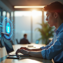 Jeune professionnel utilisant un ordinateur portable avec hologramme de cadenas numérique