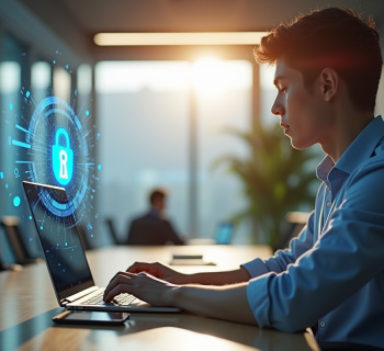 Jeune professionnel utilisant un ordinateur portable avec hologramme de cadenas numérique