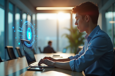 Jeune professionnel utilisant un ordinateur portable avec hologramme de cadenas numérique