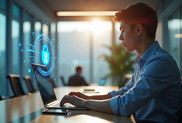 Jeune professionnel utilisant un ordinateur portable avec hologramme de cadenas numérique