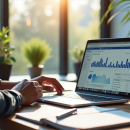 Jeune professionnel travaillant sur un laptop avec outils SEO