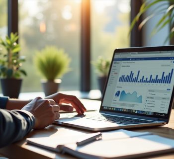 Jeune professionnel travaillant sur un laptop avec outils SEO