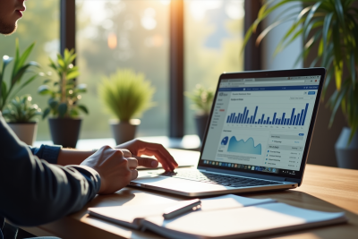 Jeune professionnel travaillant sur un laptop avec outils SEO