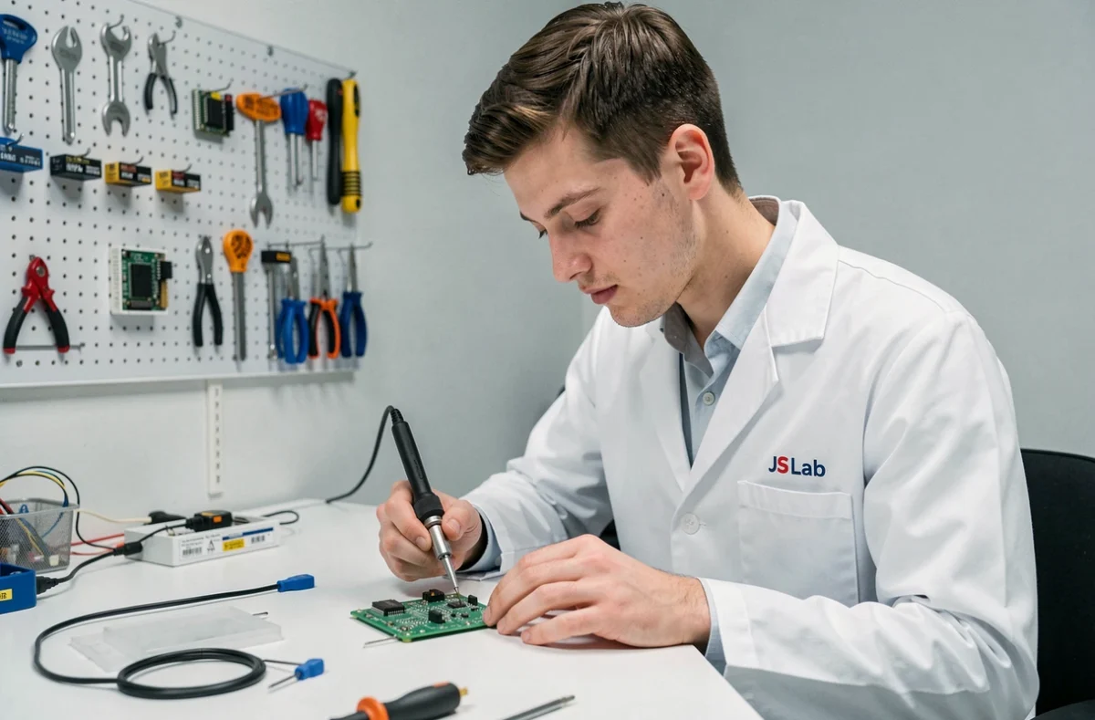 Technicien de Js Lab effectuant une soudure fine sur une carte électronique dans un laboratoire informatique moderne