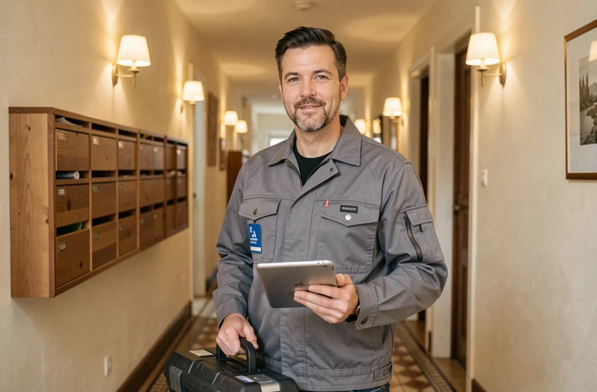 Technicien L'Home Service prêt à intervenir dans un immeuble toulousain pour services informatiques et multiservices