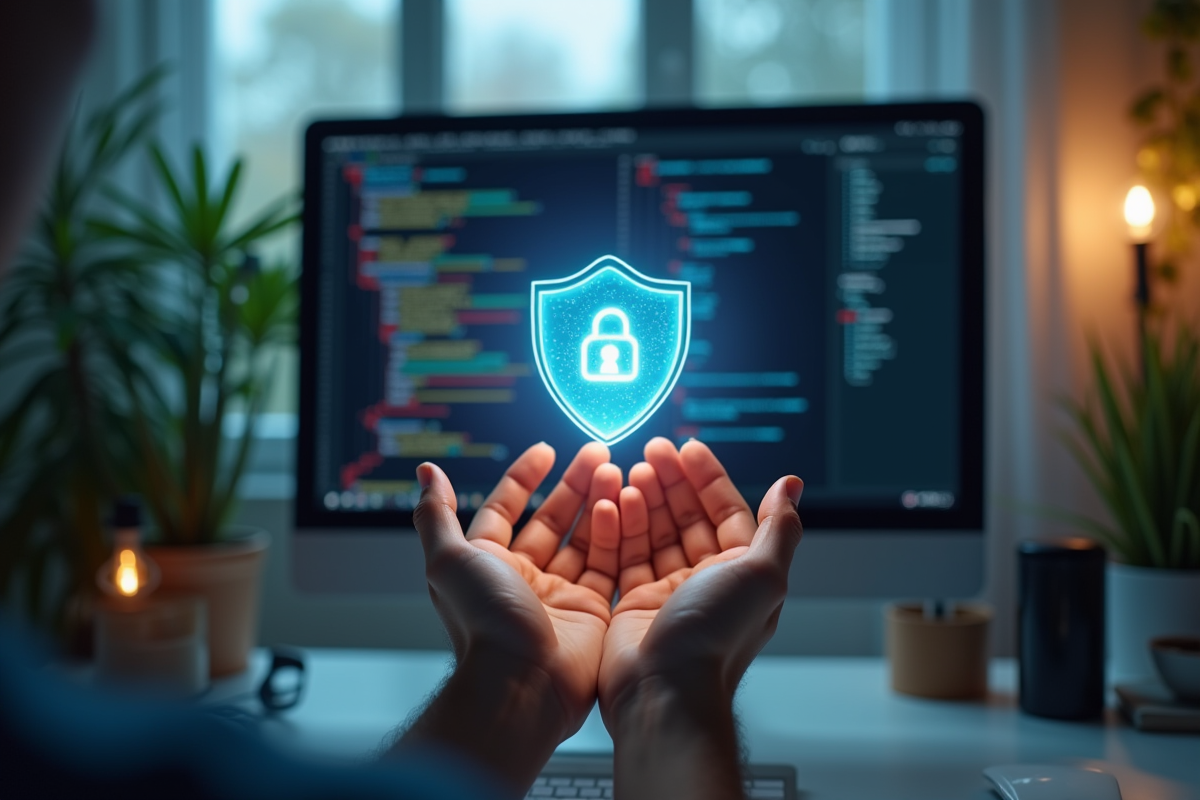 Mains tenant un bouclier lumineux devant un écran avec code chiffré dans un bureau lumineux