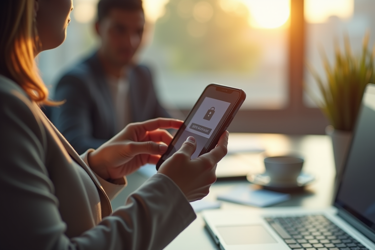 Mains tenant un smartphone avec alerte phishing dans un bureau lumineux