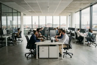 Équipe de professionnels IT collaborant dans un open-space moderne à Lyon, avec des écrans affichant des tableaux de bord réseau et des cartes d'infrastructure serveur