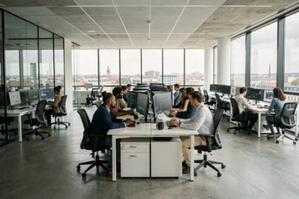 Équipe de professionnels IT collaborant dans un open-space moderne à Lyon, avec des écrans affichant des tableaux de bord réseau et des cartes d'infrastructure serveur