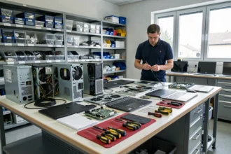Vue d'ensemble d'un atelier professionnel de réparation d'ordinateurs dans le Val-d'Oise avec des techniciens au travail