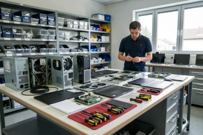 Vue d'ensemble d'un atelier professionnel de réparation d'ordinateurs dans le Val-d'Oise avec des techniciens au travail